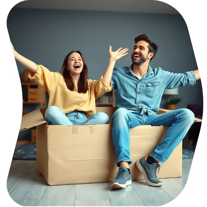 Two guys sitting on the floor of their apartment with Muval moving boxes